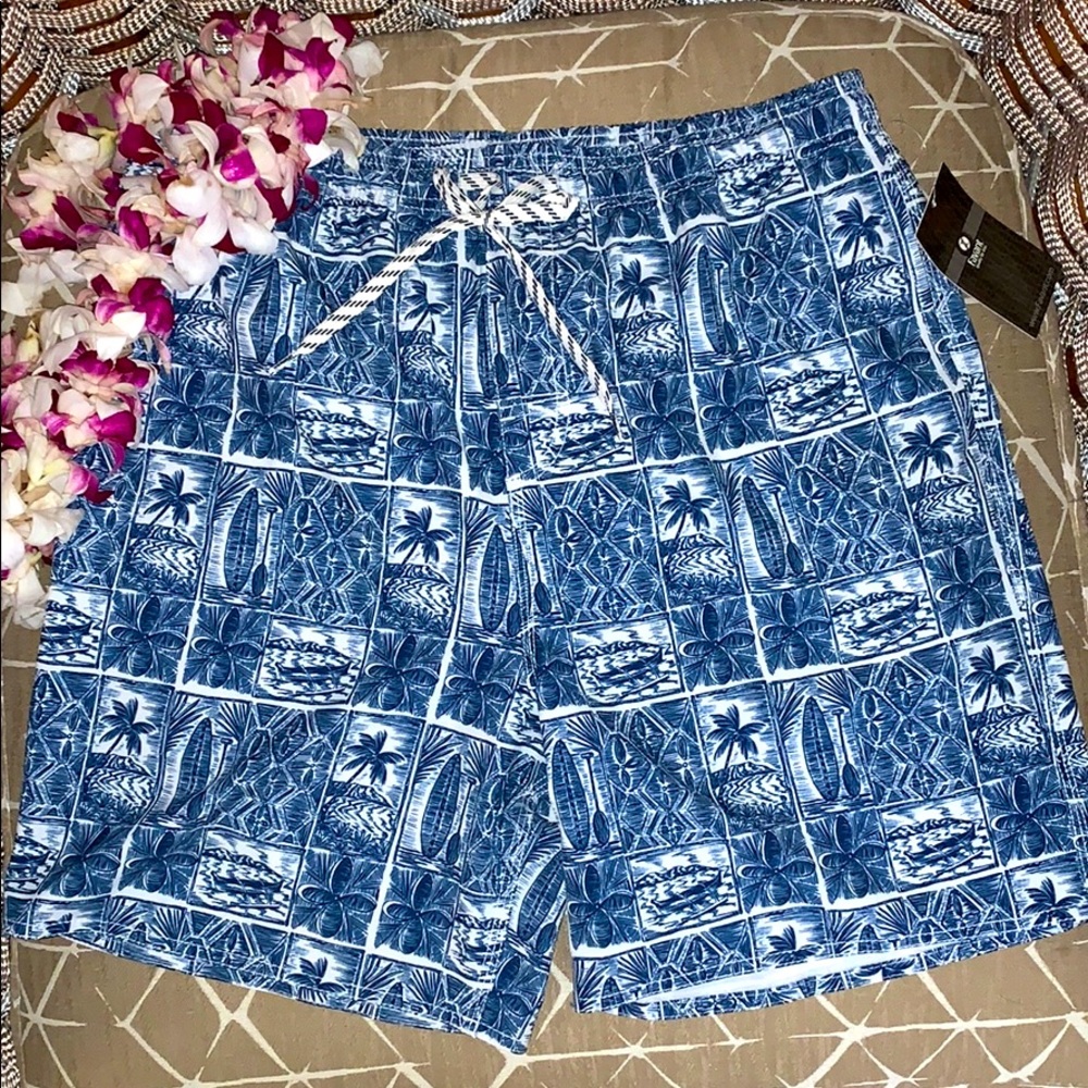 Favant Hawaiian Print Swim Trunks Navy Blue XL NWT